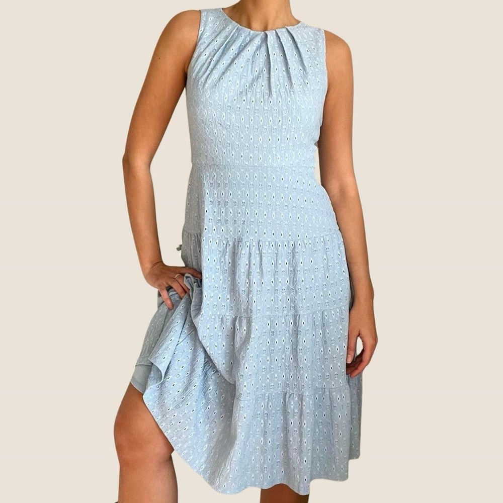 London Times | Baby blue lace sleeveless midi flowy tiered tea dress | Size 4 - Picture 2 of 8